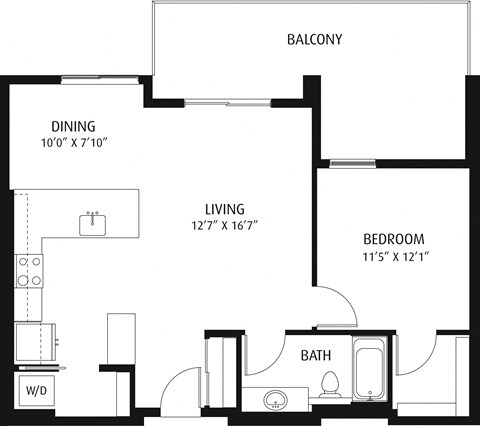 Floor plan for 1 bed, 1 bath, 817 sqft